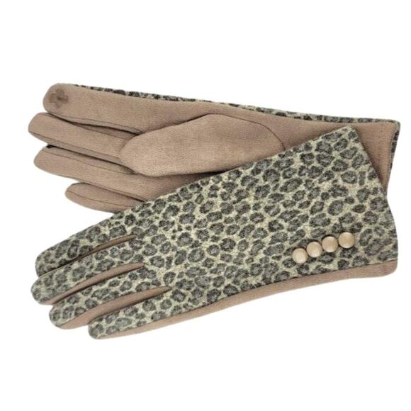 Women's Winter Fashion Gloves Leopard Print Faux Cashmere Suede Taupe OS - Picture 3 of 4